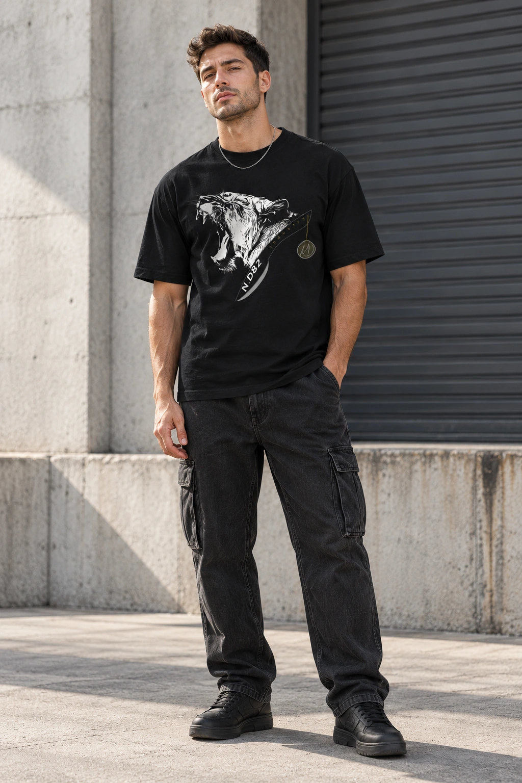 Model im schwarzen N.D-82-Lio-Shirt in der Stadt