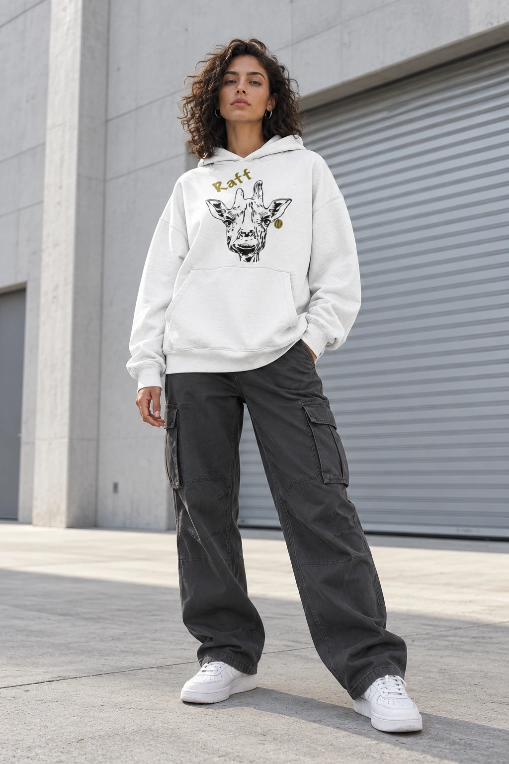 Model im weißen N.D-82-Raff-Hoodie in der Stadt