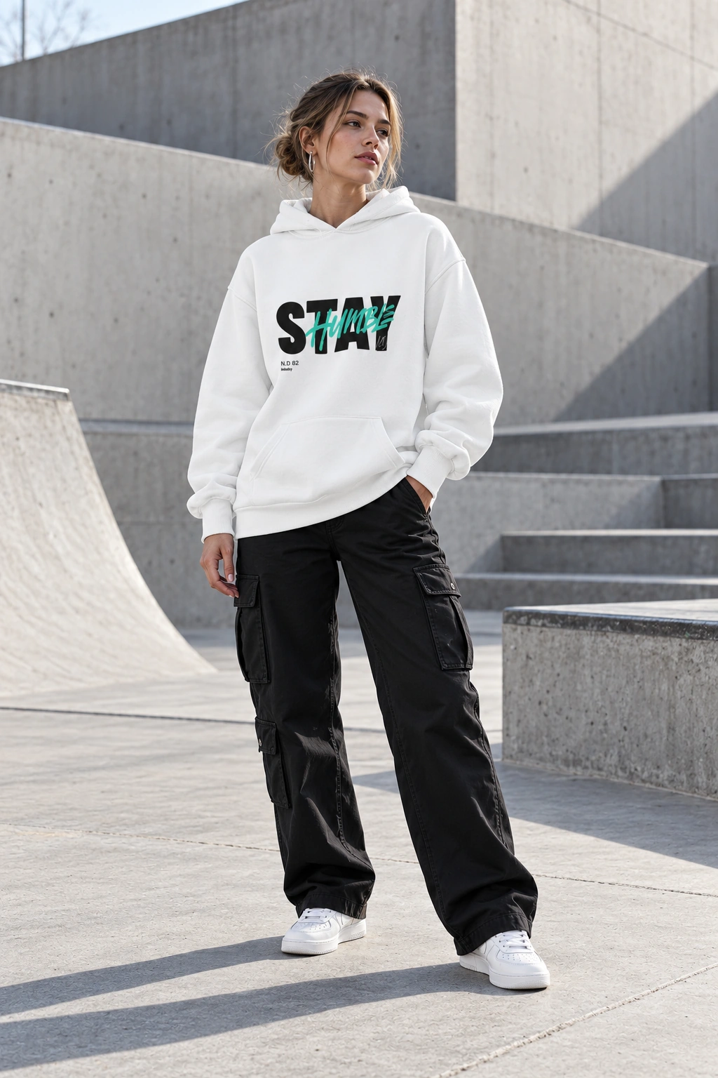 N.D-82-Stay-Hoodie in Weiß, getragen im Freien