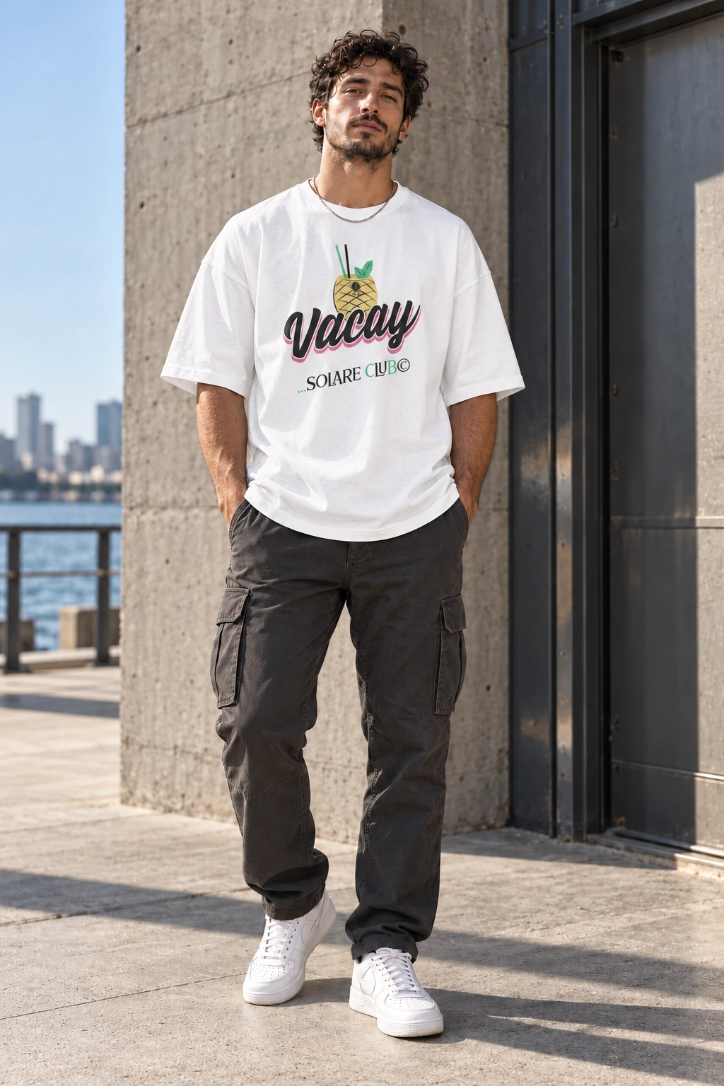 Model im weißen N.D-82-Vacay-Oversized-Shirt